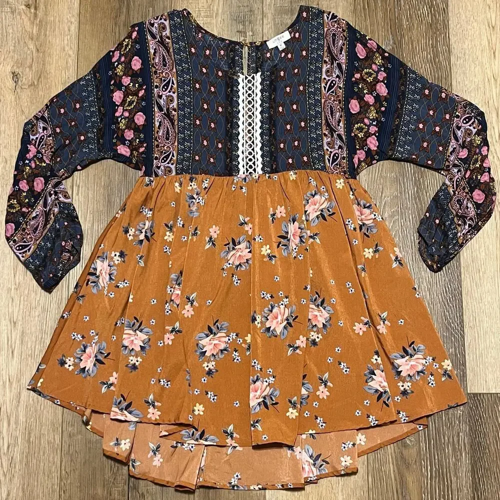 Umgee Womens Babydoll Tunic Dress M Flowy Sleeve Boho Peasant Hippie Floral EUC - Picture 2 of 6